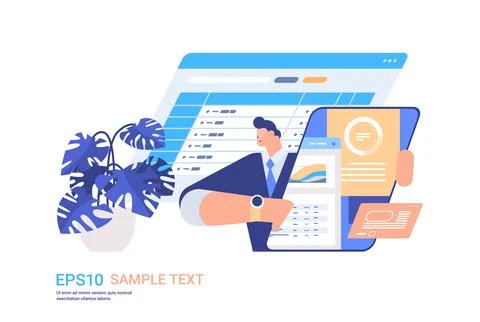 Businessman analyzing data on tablet pc screen working process concept Stockillustratie