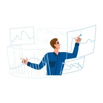 Businessman analyzing data on virtual screens, exploring trends and insights Illustrazione stock