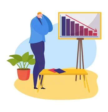 Businessman analyzing declining graph, worried about financial loss. Office Stock Illustration