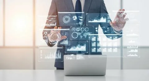 Businessman analyzing digital data and financial charts overlaying cityscap.. Stock Illustration