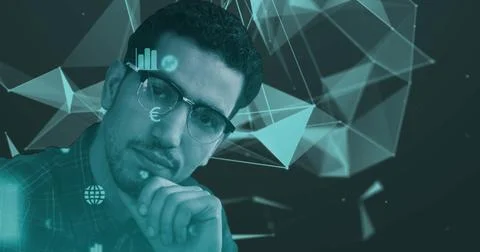 Businessman analyzing digital data with futuristic graphics overlay, deep in 스톡 일러스트