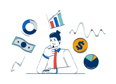 Businessman analyzing financial data and trends doodle illustration concept Stock Illustration