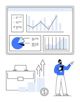 Businessman analyzing financial data charts on screen with pie, bar and line  Stock Illustration
