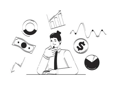 Businessman analyzing financial data trends doodle line illustration concept Stock Illustration