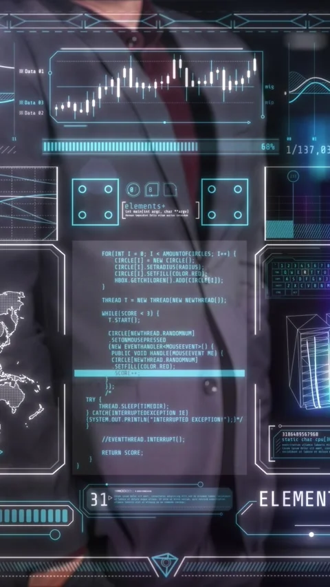 Businessman analyzing global data using futuristic HUD interface Stock Footage 345666933