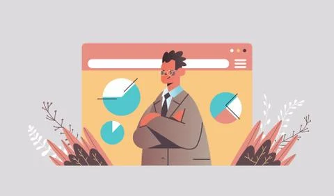 Businessman analyzing graphs during video call business man making presentation Stock Illustration