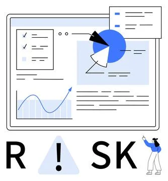Businessman Analyzing Risk Data on Screen with Charts, Graphs, and Reports Stock Illustration