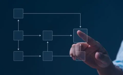 Businessman Analyzing Workflow Virtual Mind Map on Screen Process Automatio.. Stock Photos