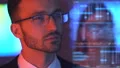 The businessman and a businesswoman smiling on the hologram background 4k or 4k+ Resolution