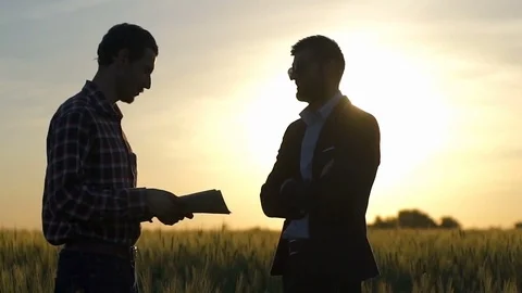 Businessman and farmer making a deal in a field slow motion Stock Footage