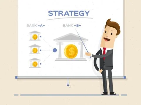 Businessman and graphs on projector screen. Illustration flat Stock-Illustration