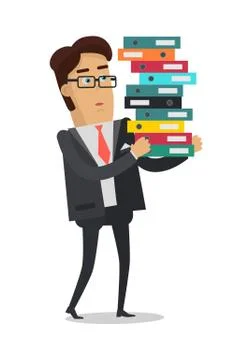 Businessman and Stack of Folders Isolated on White Illustrazione stock
