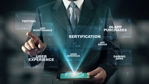 Businessman with App Development concept choose Sertification from words Stock Footage