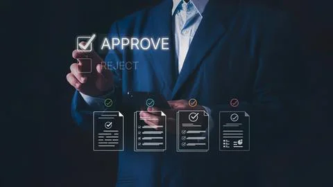 Businessman approving documents with digital checkmarks Stock Photos