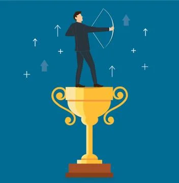Businessman with arrow standing on the trophy vector illustration Stock Illustration