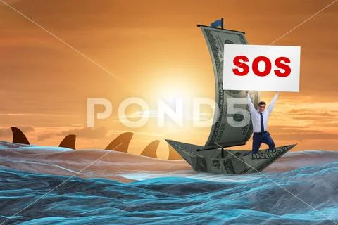 Businessman asking for help with SOS message on boat Stock Photos