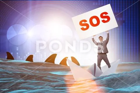 Businessman asking for help with SOS message on boat Stock Photos