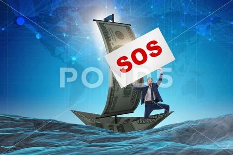 Businessman asking for help with SOS message on boat Stock Photos