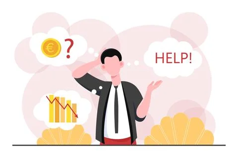 Businessman asking help. Young guy near golden coins and falling graphs Stock Illustration
