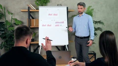 Businessman asks question top manager on implementation annual financial targets Stock Footage 146233407