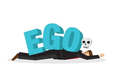 Businessman attacks, fall and collapse by giant lettering Ego. Concept of ide Stock Illustration