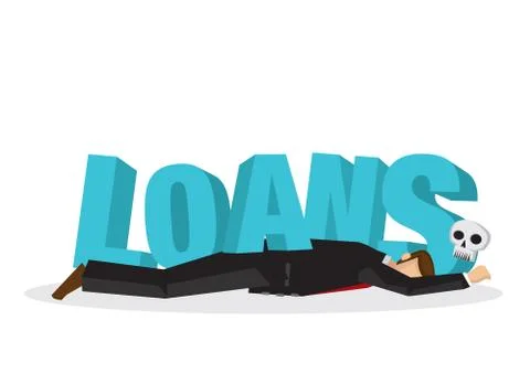 Businessman attacks, fall and collapse by giant lettering Loans. Concept of c Stock Illustration