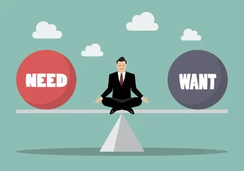 Businessman balancing between need and want Stock Illustration