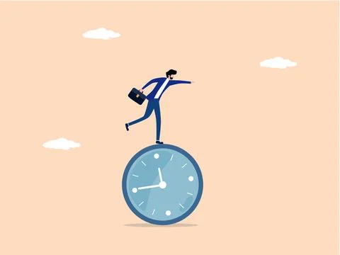 Businessman balancing himself on a time clock Illustrazione stock