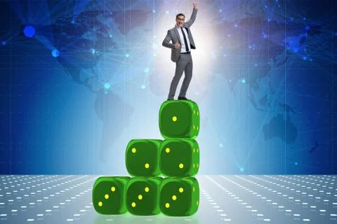 Businessman balancing on top of dice stack in uncertainty concep Stock Photos