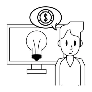 Businessman with big idea on computer Illustrazione stock