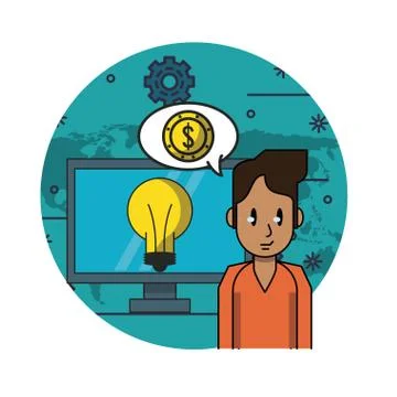 Businessman with big idea on computer Illustrazione stock