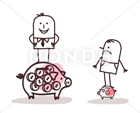 Businessman on Big Piggy Bank and Poor Man with Little One Stock Illustration