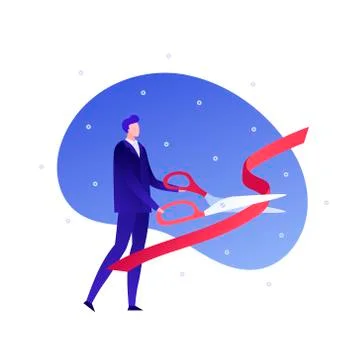 Businessman with big scissors cut red ribbon isolated on white background Stock Illustration
