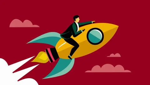 Businessman Billy flying on a rocket Jetpack up. Concept of business startu.. Stock Illustration