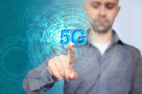 Businessman on blurred background using 5G network interface 3D rendering Foto stock