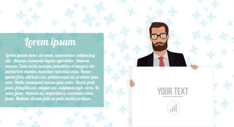 Businessman with board website. Vector on white background. Empty space for text Stock Illustration
