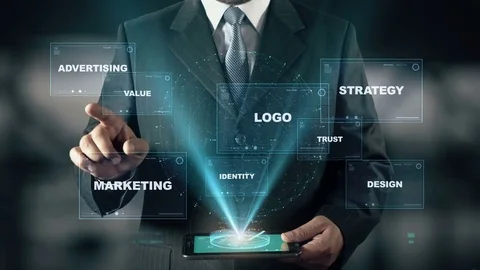 Businessman with Brand hologram concept choose Logo from words Stock Footage