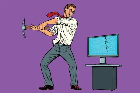 Businessman breaks the computer, cryptographer virus ransomware イラスト素材