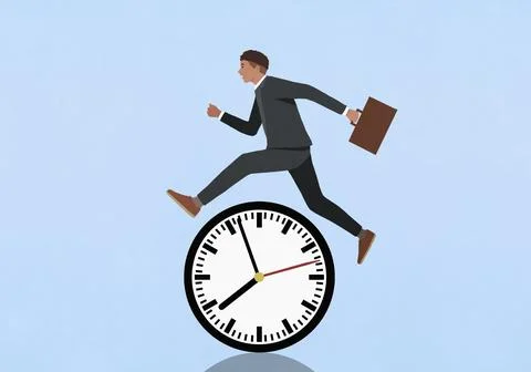 Businessman with briefcase leaping over clock on blue background Stock Illustration