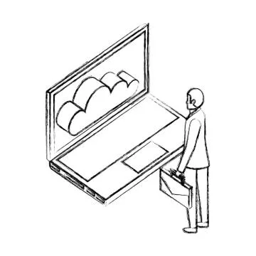 Businessman with briefcase looking laptop cloud computing Illustrazione stock