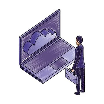 Businessman with briefcase looking laptop cloud computing Illustrazione stock