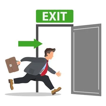 Businessman with briefcase running to open exit door emergency escape Stock Illustration