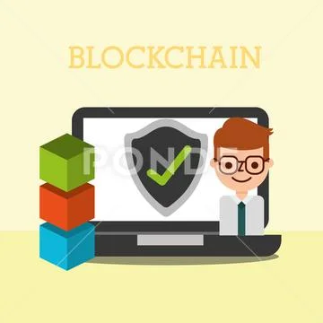 Businessman business laptop blockchain check mark Stock Illustration
