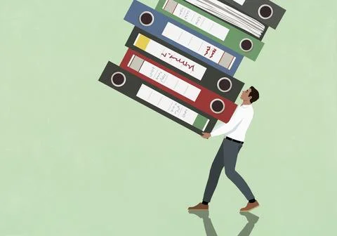 Businessman carrying large stack of files against green background Stock Illustration