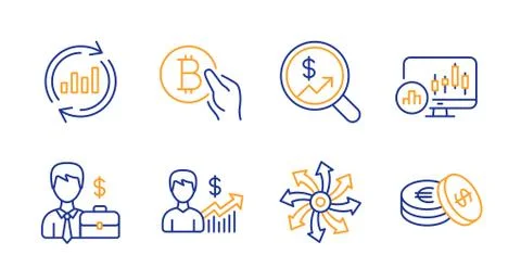 Businessman case, Versatile and Candlestick chart icons set. Vector Stock Illustration