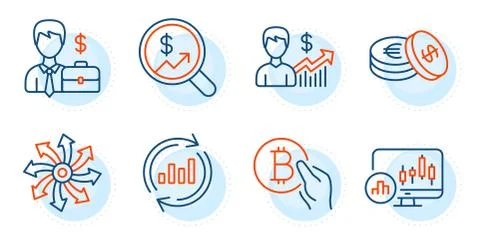 Businessman case, Versatile and Candlestick chart icons set. Vector Stock Illustration