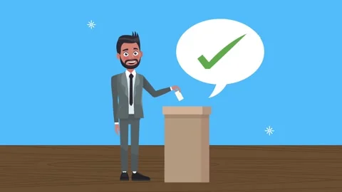 Businessman character inserting voting paper into ballot box with check mar.. Video stock 338399913