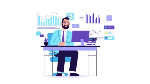 Businessman character work at computer. Financial graphs and charts, business Stock Footage 258260926