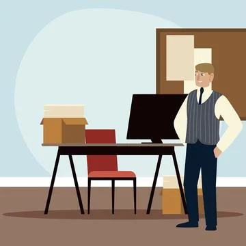 Businessman character working with computer and paperwork Stock Illustration