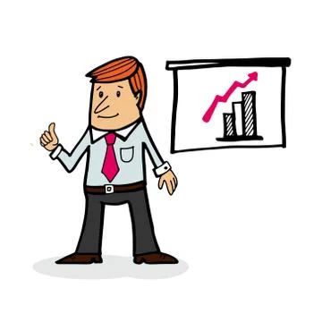 Businessman charakter, presenting graph chart, isolated vector cartoon illust Illustrazione stock
